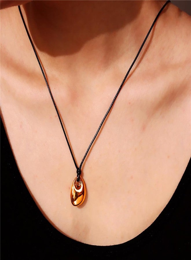 Uarein Dainty Oval Bean Pendant Necklace Simple Adjustable Black Leather Rope Collarbone Necklace Statement Jewelry Accessory Presents for Women Men (Gold) - Image 4